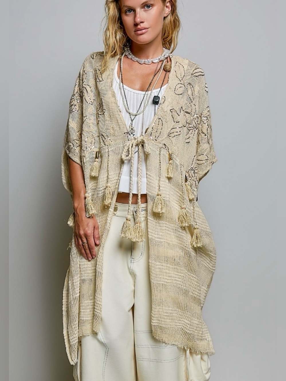 POL Beige Tassel Knit Cape